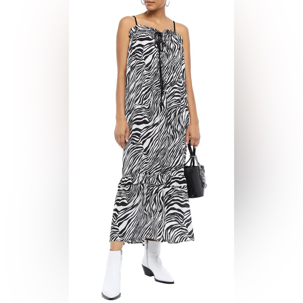 (NWT) MCQ Alexander McQueen Ruffled Zebra-Print Silk Crepe de Chine Midi Dress
